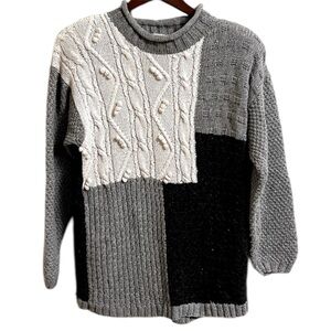 Vintage Cable Knit Sweater Gray Ivory Chunky Patchwork Streetwear Large 80s 90s